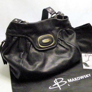 B Makowsky Large Black Leather Double Strap Shoulder Bag Handbag Purse